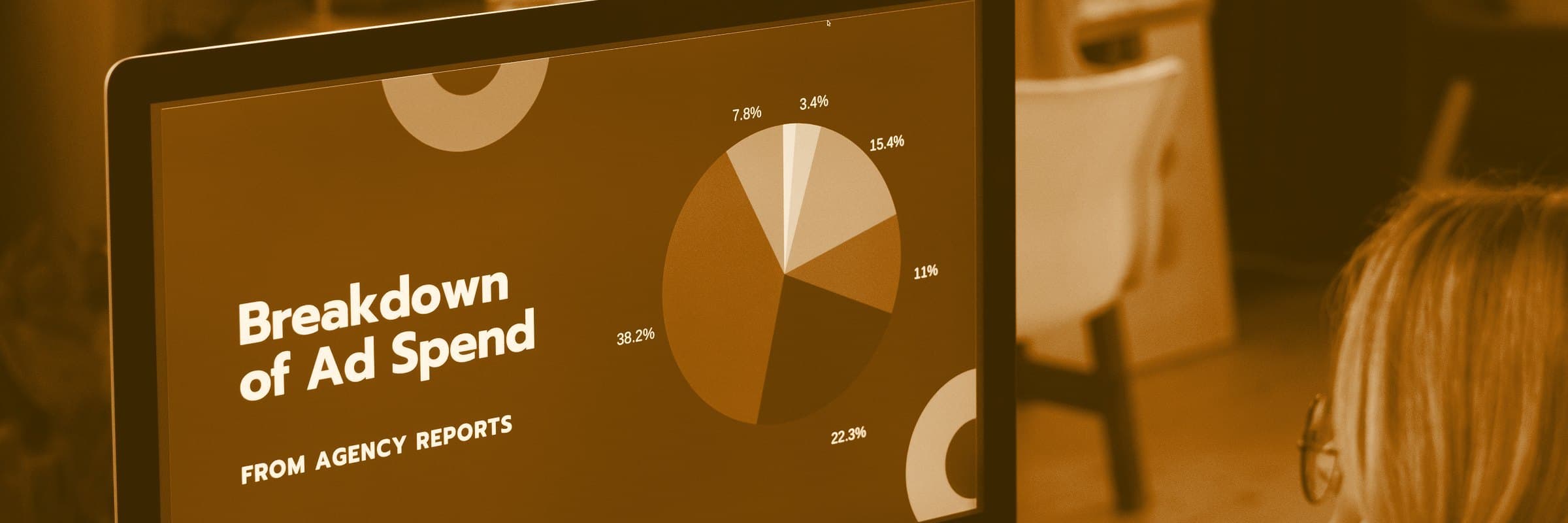 A computer screen showing a pie chart, with someone working in front of it